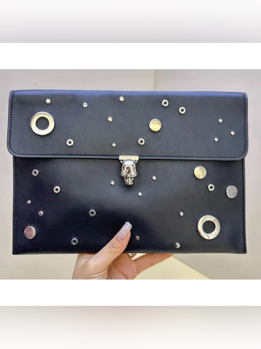 Alexander McQueen Black Leather Envelope Clutch/IPadcase with Silver Rings Detai